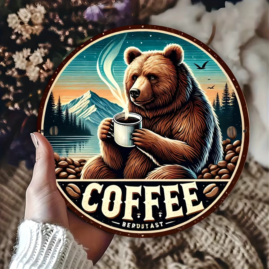Potdemiel Vintage Black Bear Kaffeeschild aus Metall in Schwarz und Multicolour, rustikale runde Wandkunst für Café und Bar, Durchmesser: 20 cm - Bild 4