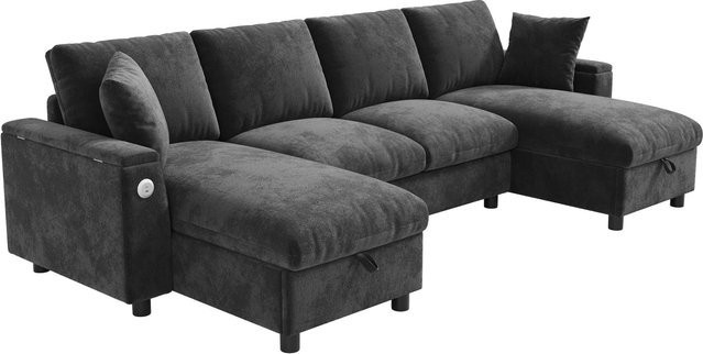 Merax U-Sofa in Grau aus Chenille mit USB Type-C Lademöglichkeit, B/T/H: 284 x 135 x 84 cm - Bild 1