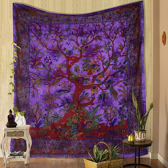 VIKAMA Bohemian Wandteppich mit Mandala- und Lebensbaum-Druck in Lila, Textiler Wandbehang mit floralem Design für dein Wohnzimmer oder Schlafzimmer, Breite: 75 cm, Höhe: 58 cm - Bild 1