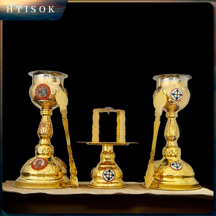 HTISO Orthodoxer Heiliger Gral für die Eucharistie Zeremonie, Goldener Kelch aus Metall, Rundes Kirchenzubehör - Bild 5