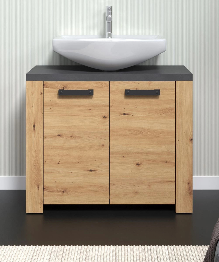 Waschbeckenunterschrank Jorik in Eiche Artisan und Grau, Breite: 80 cm - Bild 2