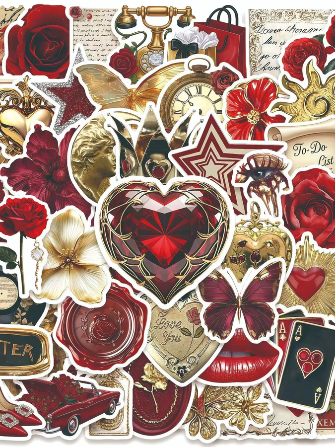 50 Stück GOGOTU Vintage Aufkleber in Rot und Gold, Ästhetische Cartoon-Sticker für Scrapbook und DIY, Wasserfeste Graffiti Sticker - Bild 6