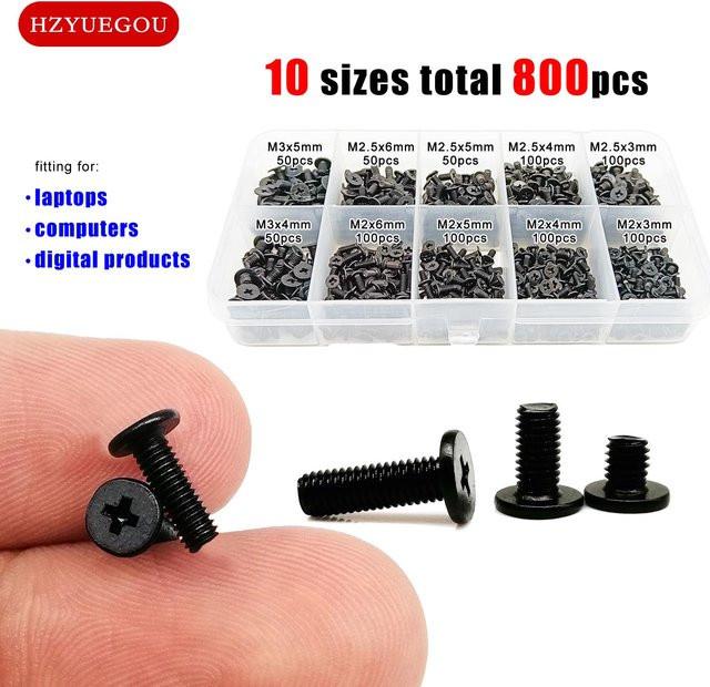 HZYUEGOU Laptop Schrauben Set aus Stahl, 800 Teile Mix Sortiment in Schwarz, Phillips Kreuzschlitz, Wafer Kopf, M2 M2,5 M3 - Bild 1
