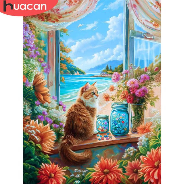 Huacan Diamond Painting Set Katze im Herbst als Mosaik Wanddeko mit Full Round Steinen - Bild 1