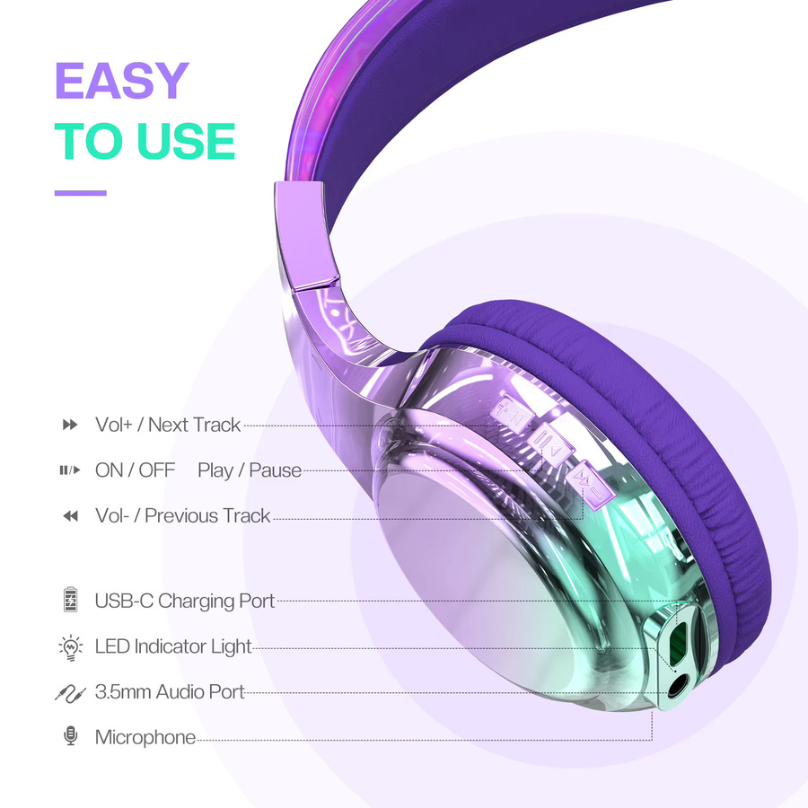 QearFun Bluetooth-Kopfhörer für Kinder und Mädchen in Purple mit Mikrofon für Musik und Schule - Bild 5