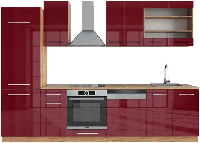 Vicco Fame-Line Küchenzeile Bordeaux Hochglanz und Goldkraft Eiche, Breite: 300 cm - Bild 1