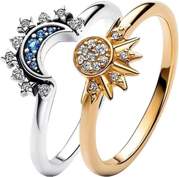 Ring Stern Mond Sonne, Messing, Silber, Kristall, Zirkonia, Damen - Bild 1