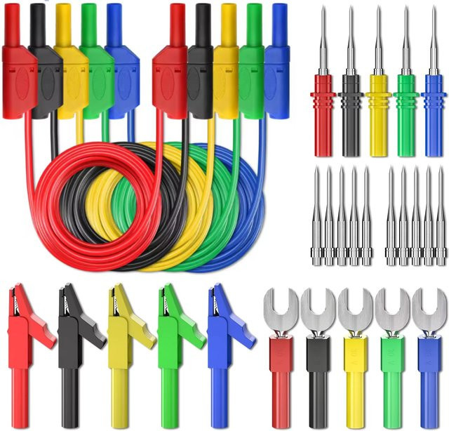 Cleqee P1050B Bananenstecker-Testleitung Multifunktionales Kombinationsset mit Krokodilklemmen, 6-mm-Einsatz und Sondenspitze in Multicolor - Bild 1