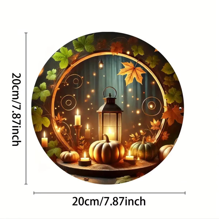 Potdemiel Vintage Herbst Wanddekoration aus Metall mit Kürbis und Laterne, bunter Metallkranz mit Hängeschlaufe für rustikalen Bauernhaus-Stil - Bild 2