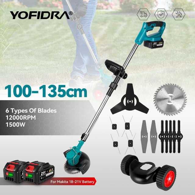 YOFIDRA Elektrischer Rasenmäher mit 1500 W, kabellos und faltbar, kompatibel mit Makita LXT Akku, inklusive Trimmer für die Gartenpflege, Breite: 100 cm bis 135 cm - Bild 1