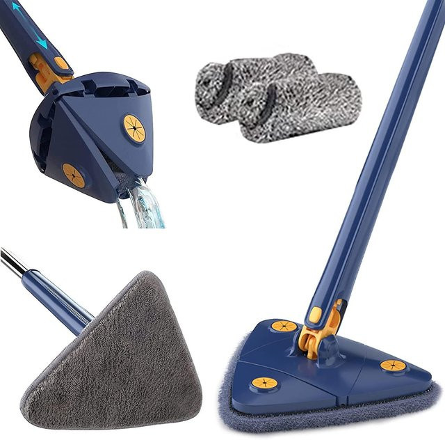 SICOMO Spin-Mopp mit langem Edelstahlgriff und dreieckigem Mikrofasertuch in Grau und Blau - Bild 1