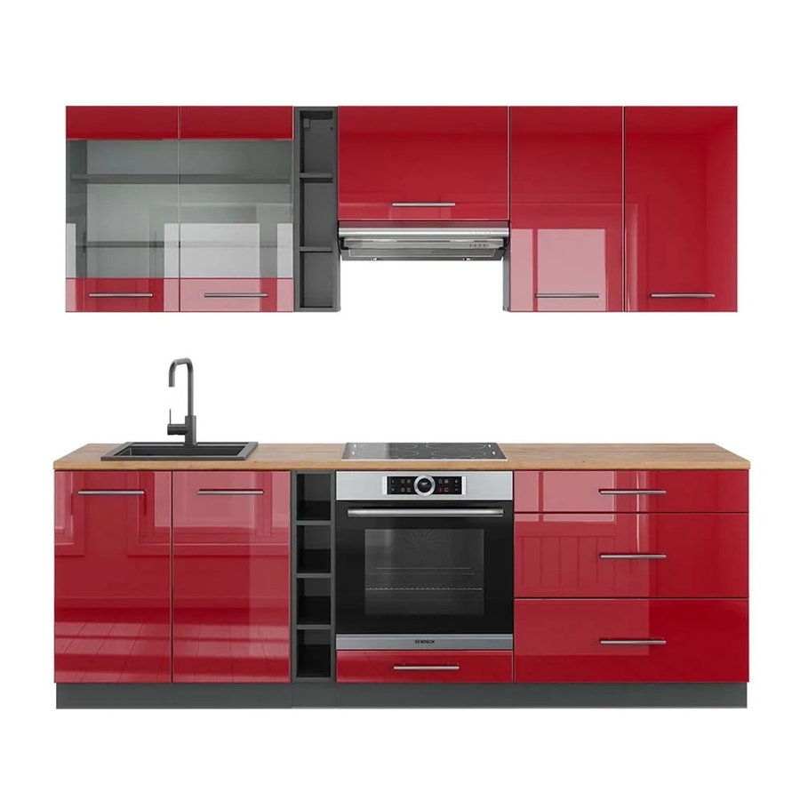 Vicco Fame-Line Küchenzeile Bordeaux Hochglanz und Anthrazit mit Eiche Optik, Breite: 235 cm - Bild 2