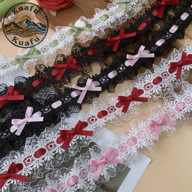 Lolita Spitzenband mit Schleife und Plissee-Rüschen in Weiß und Grün für DIY-Bastelarbeiten und Kleidung - Bild 1