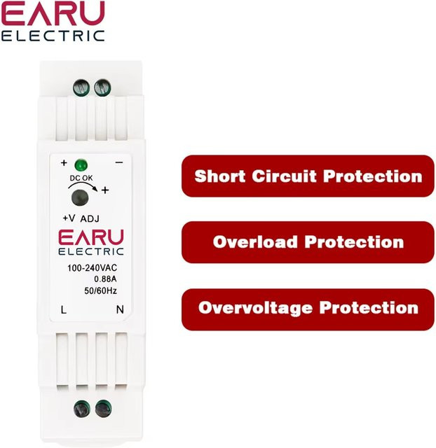EARU DR-15 Industrielles DIN-Schienen-Schaltnetzteil 15W, Einzelausgang DC 12V oder 24V, Eingang AC100-240V, weiß - Bild 1