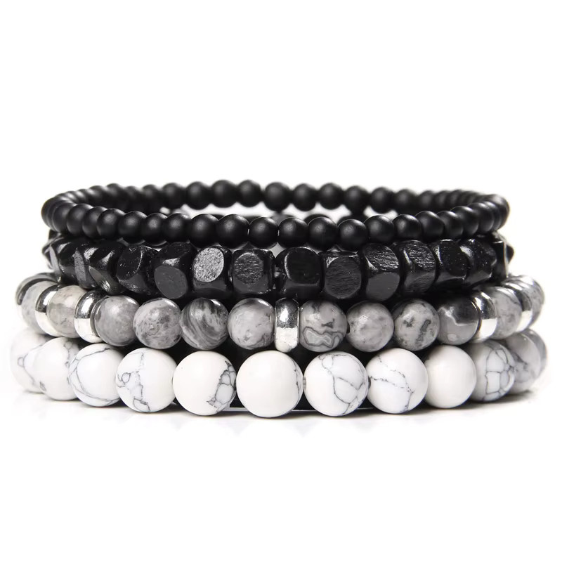 vinswet Armband-Set, Naturstein-Armbänder, Lavagestein, Hämatit, Onyx, Holzperlen, Lederarmbänder, Herren, Schwarz - Bild 2