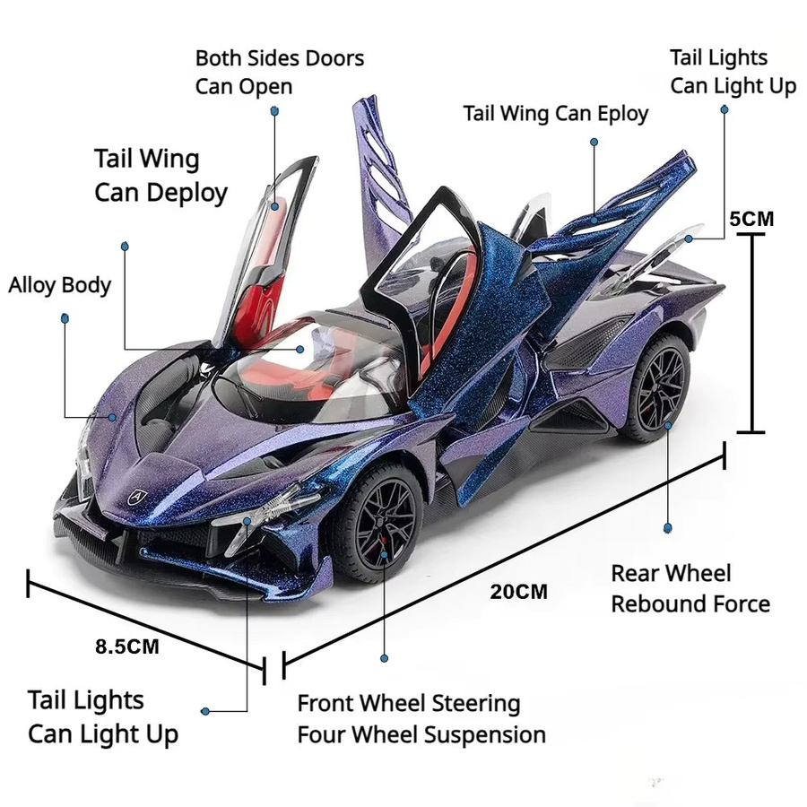 YBC YIBAICHENG Apollo EVO Legierung Sportwagen, Modell, Maßstab 1:24, mit Licht und Sound - Bild 4