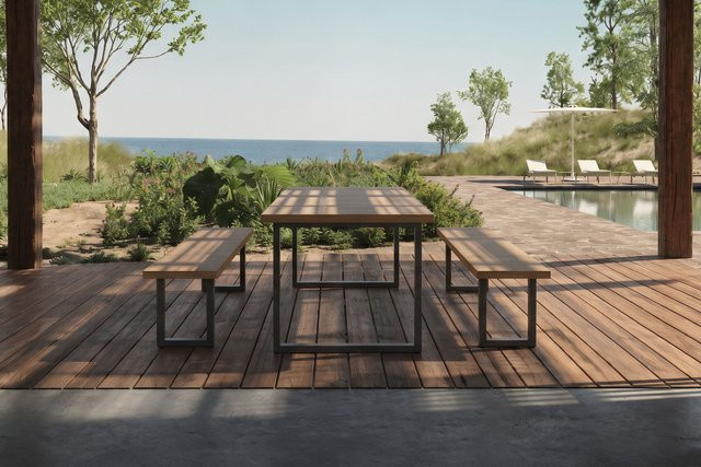 OUTFLEXX Oslo Garten-Essgruppe für 6 Personen mit Tisch und 2 Bänken aus Aluminium und FSC-zertifiziertem Teakholz, Schwarz/Natur, Tisch Breite: 211 cm, Tiefe: 90 cm, Höhe: 75 cm - Bild 1