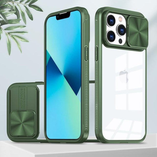 Stoßfeste Schiebe-Kameraobjektiv-Schutzhülle von Yiran Bag für iPhone 13 in Blau und Transparent - Bild 1