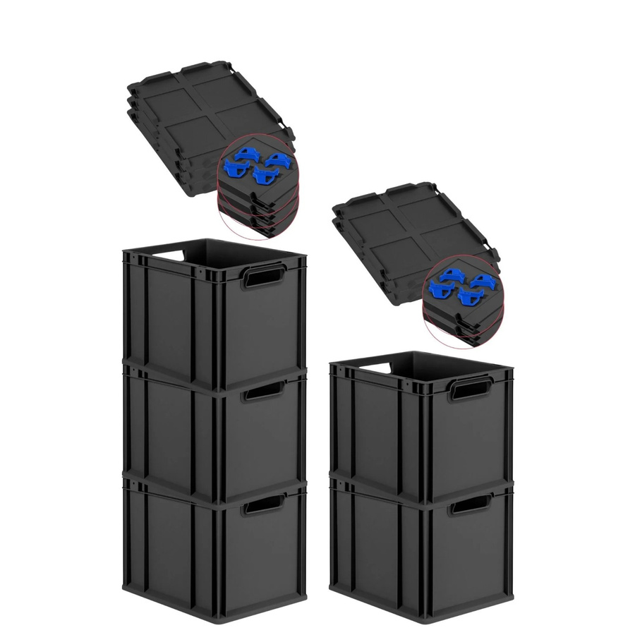 PROREGAL SuperSparSet 5x Eurobox Nextgen Grip mit Scharnierdeckel und blauen Verschlüssen, Schwarz, H x B x T: 32 x 30 x 40 cm, 30 Liter - Bild 2