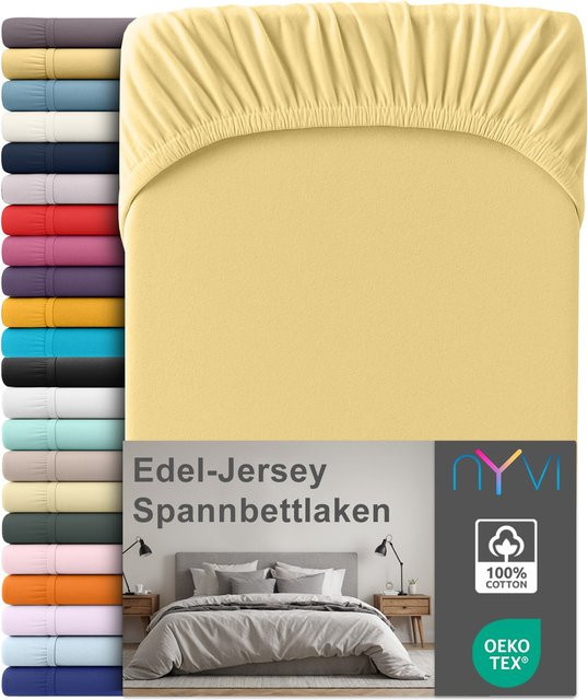 NYVI Edel Jersey Spannbettlaken Deluxe aus 100% supergekämmter Baumwolle, Gelb, B/T: 90 x 200 cm, passend für Matratzen bis 25 cm Steghöhe - Bild 1