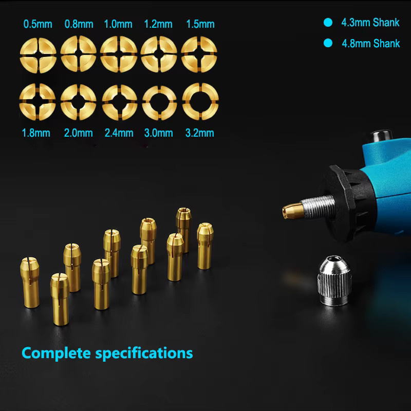 xcan 10 Stück Mini-Bohrer-Spannzangenfutter Set aus Messing in Gold, 0,5–3,2 mm Aufnahme, Schaft: 4,3 mm und 4,8 mm, Adapter für Dremel-Drehwerkzeuge und Elektrowerkzeug-Zubehör - Bild 3
