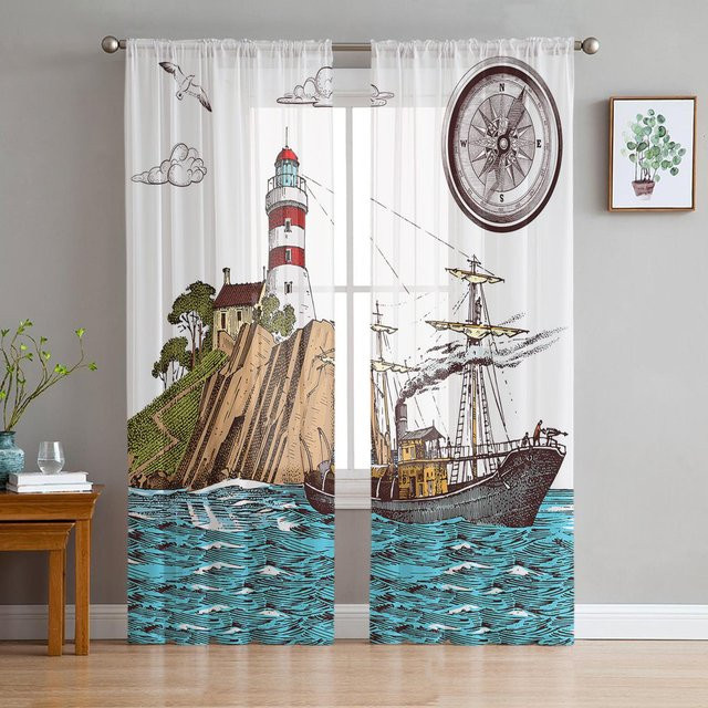 Transparente Tüll-Vorhänge mit Retro-Illustration von Leuchtturm und Segelschiff in Weiß, Breite: 135 cm, Höhe: 115 cm - Bild 1