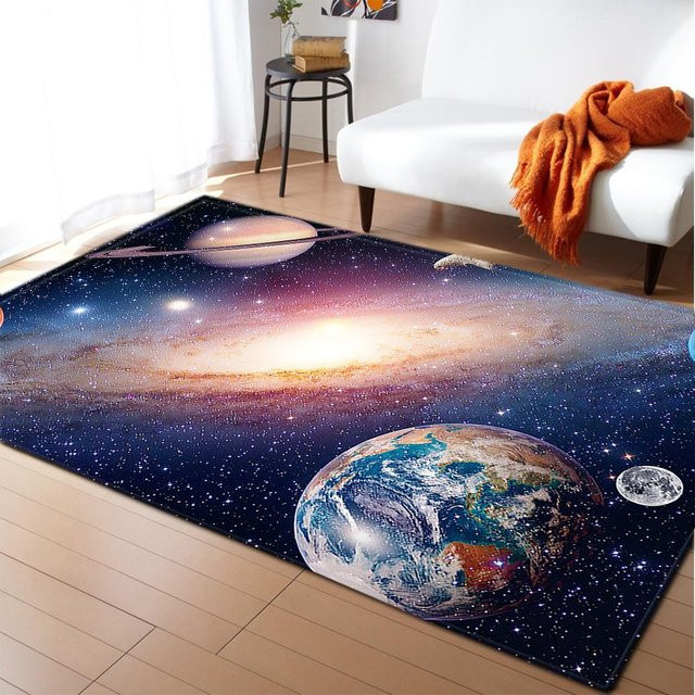 Galaxy Weltraum Teppich mit Planeten und Luftschiff, bunter Kinderzimmerteppich aus Polyester, B/T: 80 x 50 cm - Bild 1