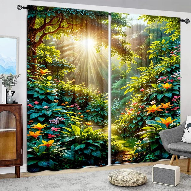 2er-Set Naturpflanzen Wald Vorhang mit floralem Print, halbtransparent, B: 132 cm, H: 160 cm - Bild 1