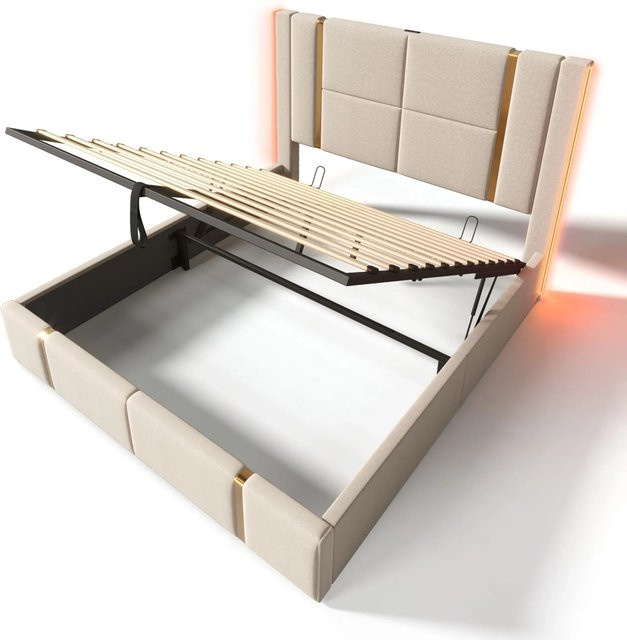 Merax Polsterbett mit Lift-up-Funktion und LED-Unterbettbeleuchtung in Beige, B/T/H: 140 x 200 x 217 cm - Bild 1