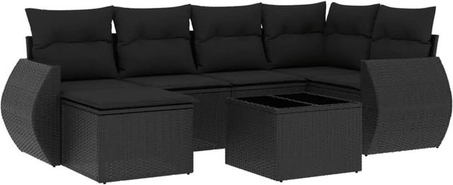 vidaXL 7-tlg Garten-Sofagarnitur aus Polyrattan in Schwarz mit Kissen und Glastisch - Bild 1