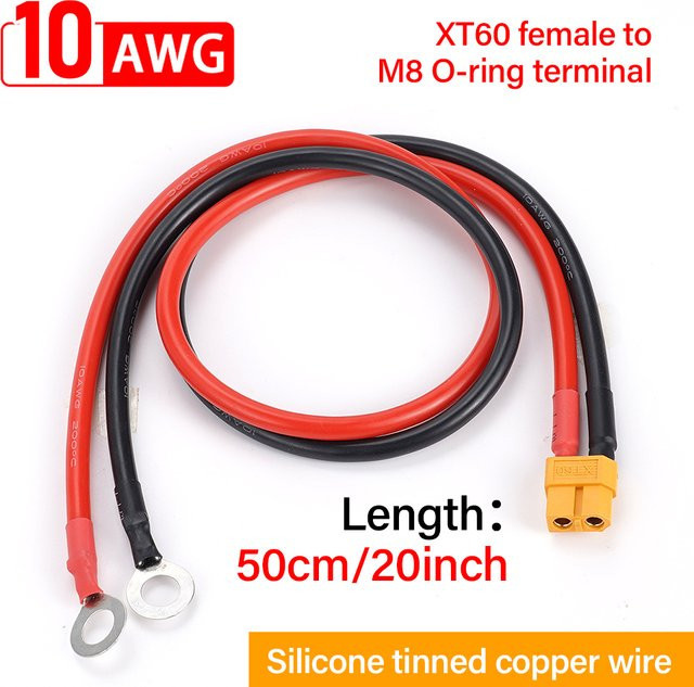 XT60 Batterieanschlusskabel 10AWG auf M8 Ringöse Terminal Stecker aus Silikondraht in Rot und Transparent für RC ESC Ladegerät und Seitenstrom - Bild 1
