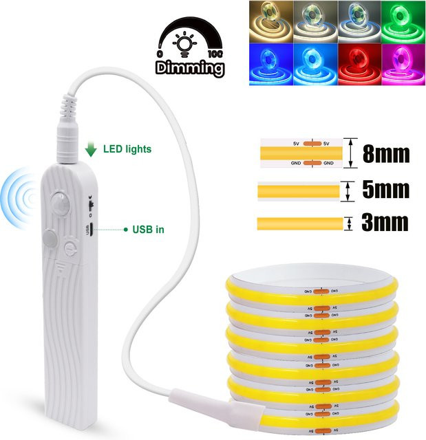 HEGEHE COB LED Bewegungsmelder-Streifen, batteriebetriebenes flexibles Bandseil für Schrankleuchten, erhältlich in Grün, Weiß, Blau, Rosa und Gelb - Bild 1