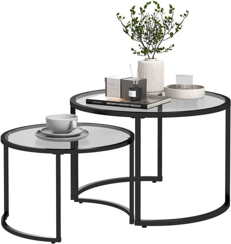 HOMCOM Couchtisch 2er-Set mit Hartglas-Tischplatte und schwarzem Stahlgestell, teilweise stapelbar - Bild 3
