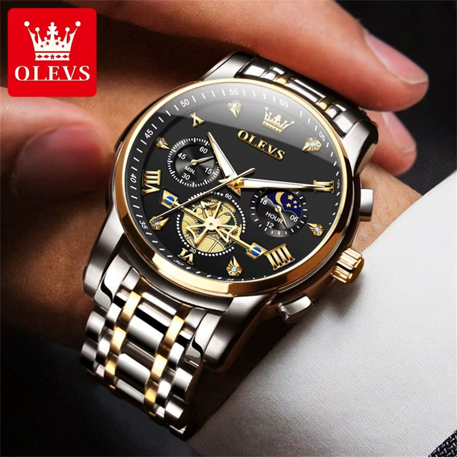 OLEVS Chronograph, Quarz, Edelstahl, Schwarz, Herren - Bild 1