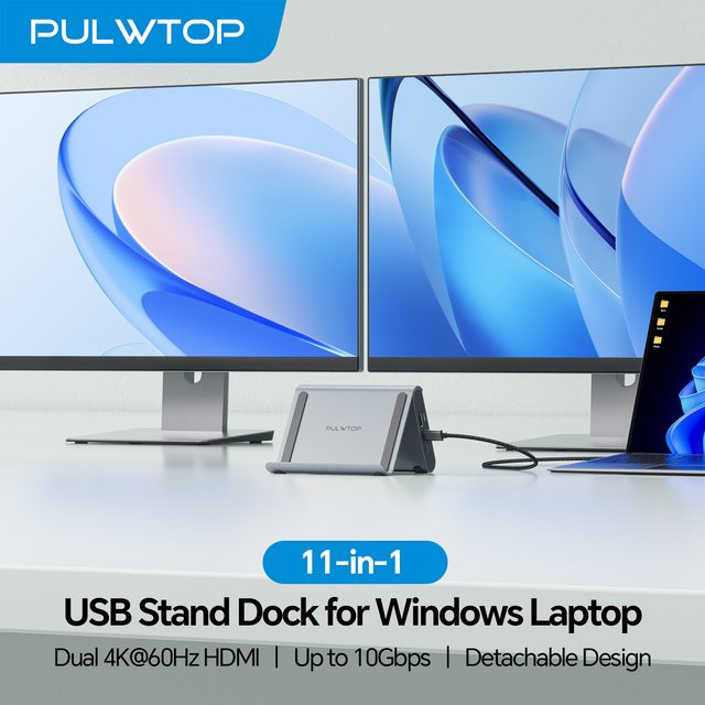 PULWTOP USB C Dockingstation in Grau mit 2 HDMI 4K, USB-C/A 10 Gbit/s, USB-A 5 Gbit/s und RJ45 für Surface Pro, Dell, HP und Lenovo - Bild 1