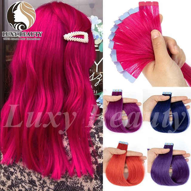 Luxy Beauty Mini-Tape-in Echthaar-Extensions, 10 Stück, Rosa Rot Grün Lila Blau - Bild 1