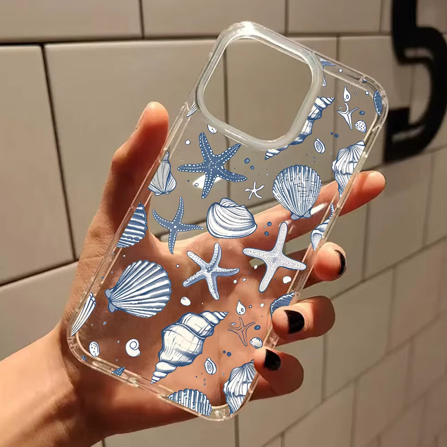 Transparente Silikonhülle mit blauem Seestern-Muschelmuster für Apple iPhone 17 16 15 14 13 12 11 Pro Max Air Plus XS X XR - Bild 3