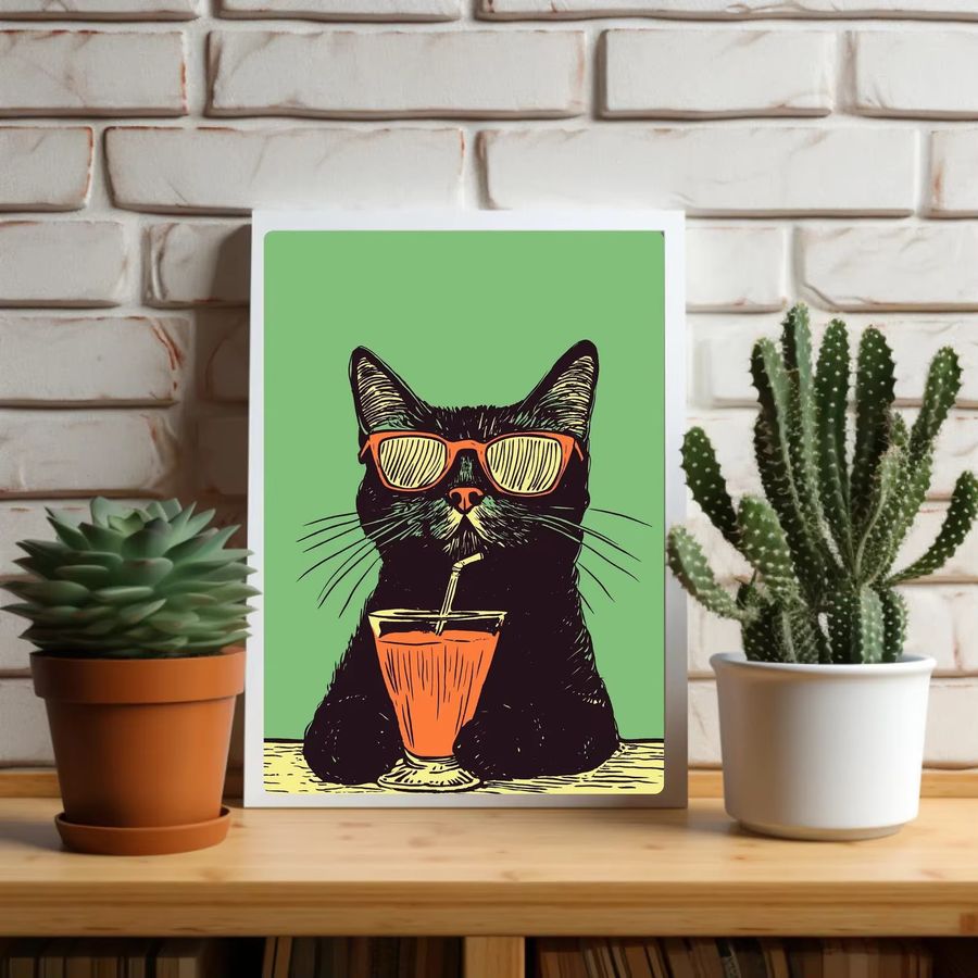 Retro-Poster von SHENCHEN mit schwarzen Katzen und Getränken in Schwarz und Grün - Bild 3