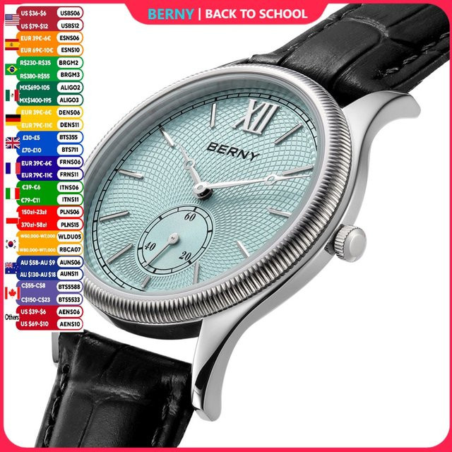 BERNY Armbanduhr, Quarz, Edelstahlgehäuse, Lederband, Herren, Blau - Bild 1
