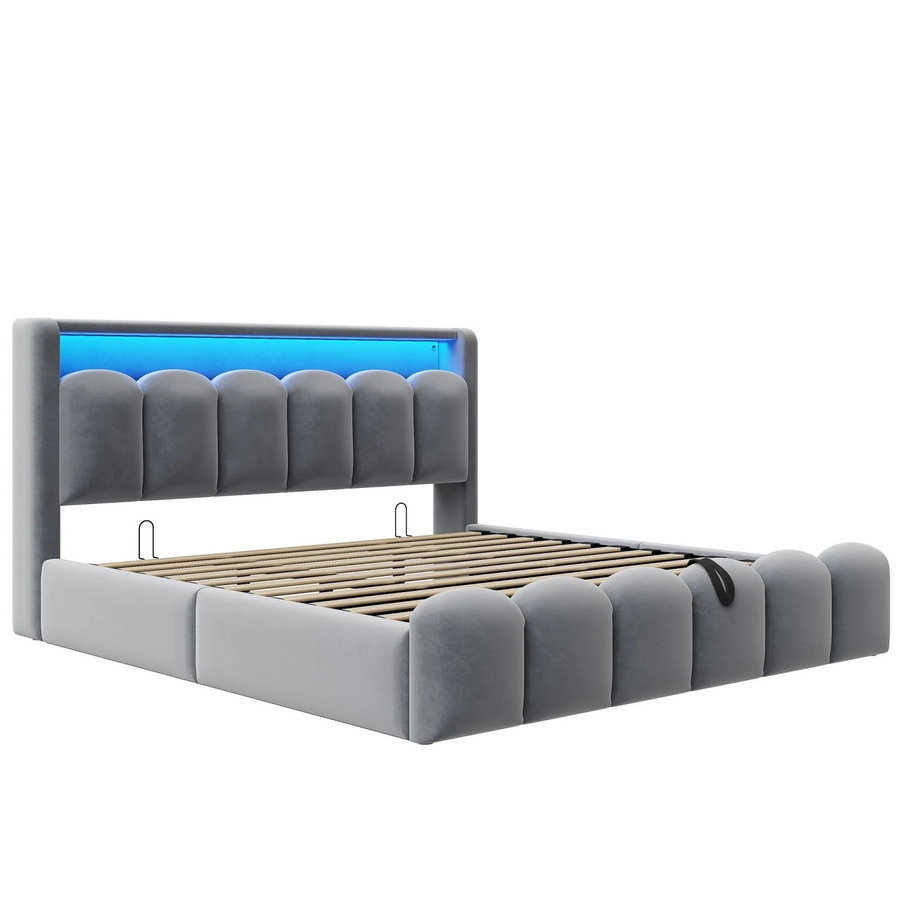 Merax Polsterbett mit hydraulischem Stauraum, LED-Beleuchtung und USB-Anschluss, Grau, B/T/H: 180 x 200 x 110,5 cm - Bild 2