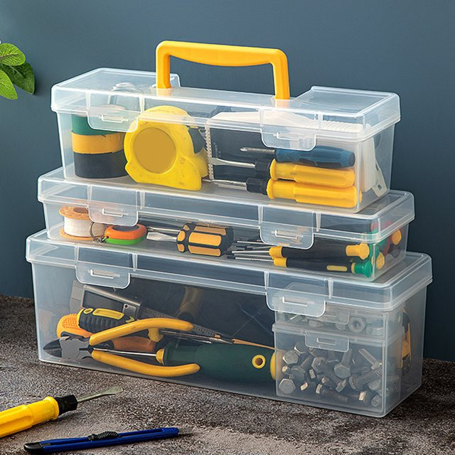 WORTHBUY Werkzeugaufbewahrungsbox aus Kunststoff, transparent und gelb, tragbarer Werkzeugkoffer mit Griff und staubdichter Versiegelung - Bild 1