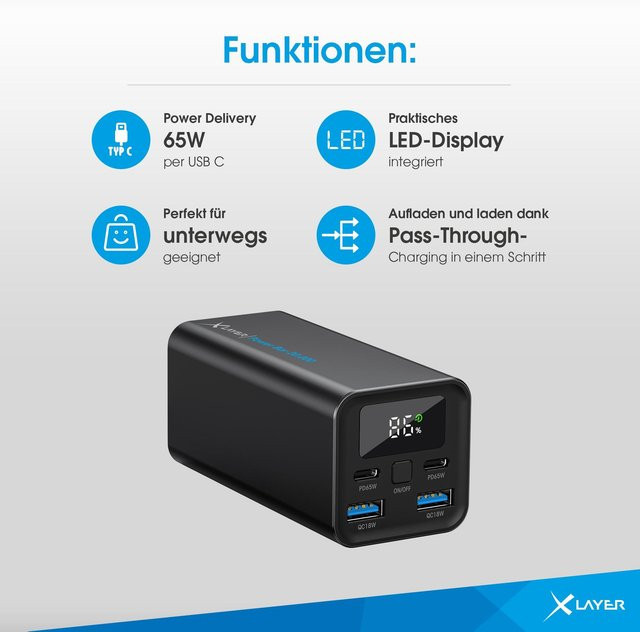 XLayer Power Bar Powerbank 20.000-mAh 65 Watt PD Schwarz - Bild 1