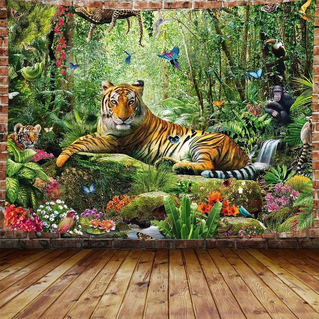 Bling Bling Tapestry Wandbehang mit Tiger-Motiv in tropischer Regenwaldlandschaft, Farbe: Beige/Multicolor, Breite: 95 cm, Höhe: 73 cm - Bild 1
