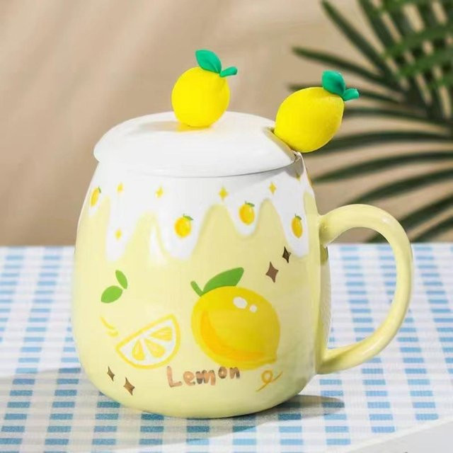 Qinyuan Kaffeebecher aus Keramik mit Deckel, 450 ml, Lemon White - Bild 1