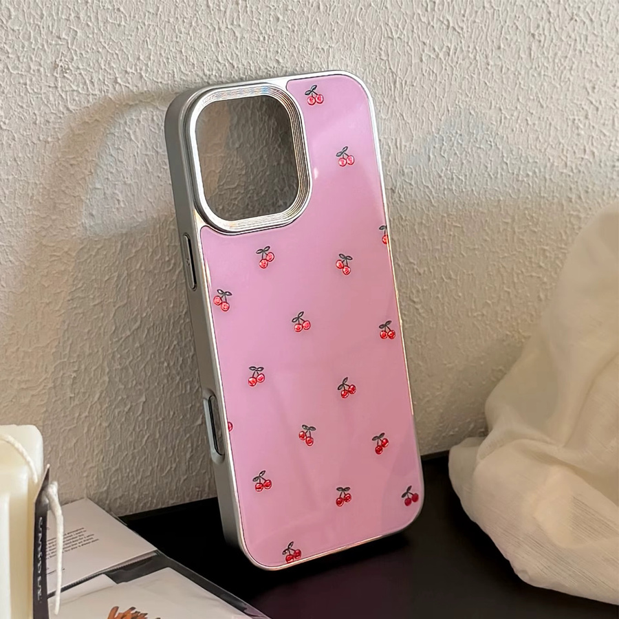 Potdemiel Handyhülle mit koreanischem Cartoon-Kirschmuster und silbernem Rand für iPhone 11 bis iPhone 17 Pro Max Plus, stoßfest, Farbe: Pink/Silber - Bild 3