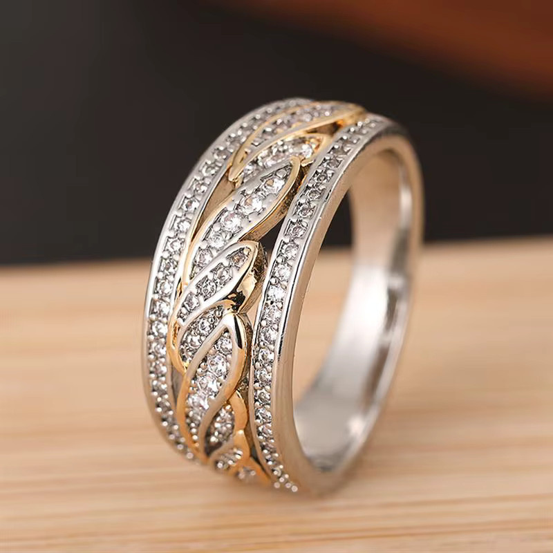Huitan Damen-Ring, Bicolor, Blatt-Gravur, Zirkonia, Vintage - Bild 2