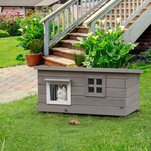 PawHut Katzenhaus aus Tannenholz in Grau mit wetterfestem Dach und erhöhtem Boden, B/T/H: 52 x 44 x 87 cm - Bild 6