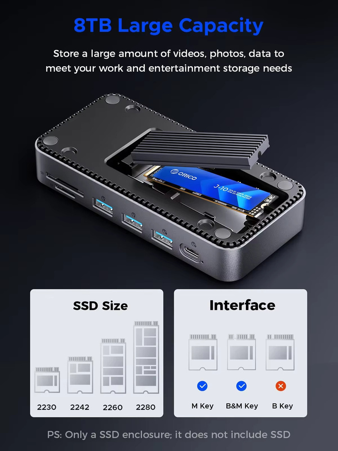 ORICO USB-C Display-Hub Dockingstation mit M.2 NVMe SATA SSD-Gehäuse, HDMI, RJ45 Ethernet und PD100W, Grau - Bild 6