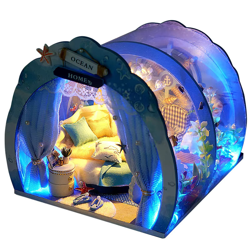 GSF DIY Holz Puppenhaus Miniatur Möbel Ozean Prinzessin Zimmer Rosa Kit mit LED Licht - Bild 2