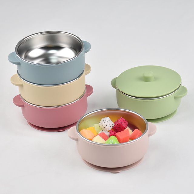 MIGITOS 2-in-1 Baby-Trainingsschüssel aus Edelstahl und Silikon mit Deckel, Pink, 300 ml - Bild 1